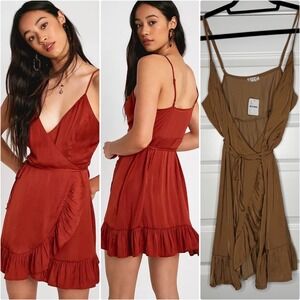 Free People All My Love Shine Mini Wrap Slip Dress Size Large Tan Brown NWT